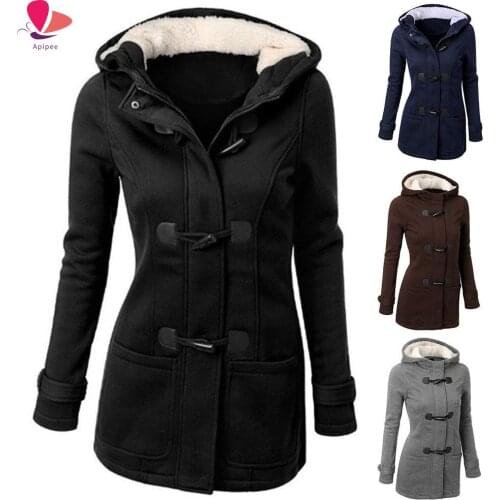 2020 Plus Size Winter Fashion Women Solid Color Horn Buckle Hooded Long Sleeve Coat Autumn and winter coat woman overcoat