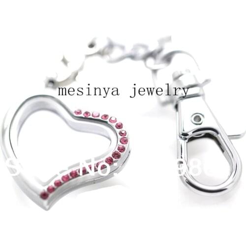 10pcs Expensive Half Pink Crystal Floating Charms Memory Living Curved Heart Glass Locket Key Rings Keychains, Charm Not Include