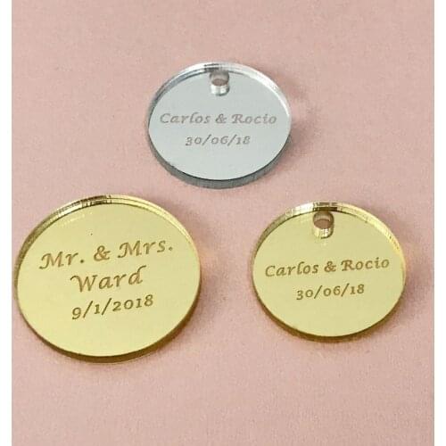 50pcs Personalized Round tag Baby Baptism Hangs Round Wedding Gift tags Candy box gift tag Mirror Gold silver