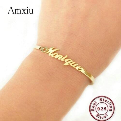 Amxiu 100% 925 Sterling Silver Adjustable Bracelet Bangle Custom Any Name Open Bangles For Women Men Birthday Gift Accessories