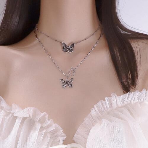ANENJERY 925 Sterling Silver Butterfly Pendant Thai Silver Necklace for Women Party Clavicle Chain Necklace Jewelry S-N649