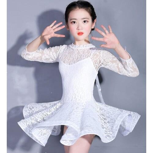 Kid Girls Latin Dance Dress Costumes Child Long Sleeve Ballroom Dance Costume Lace Latin Dance Dress For Girls