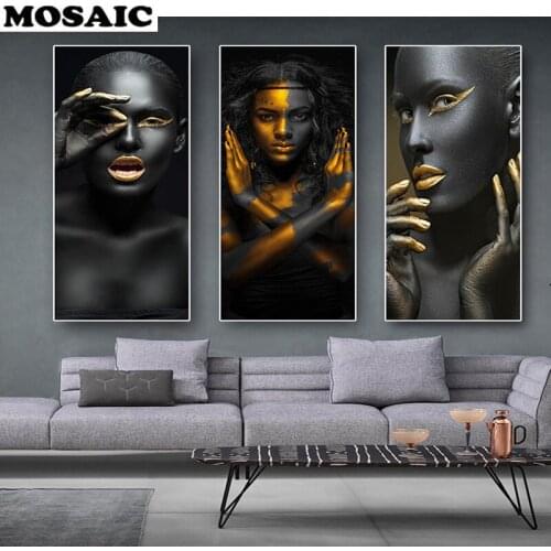 3pcs Black and Gold African Nude Woman Cuadros mosaic diamond Canvas diamond Painting Picture Embroidery for Living Room Decor