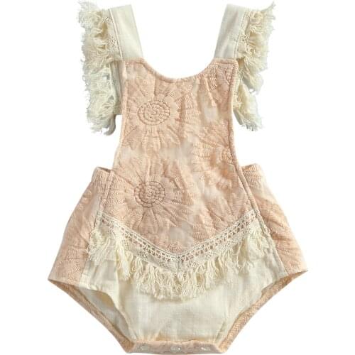 FOCUSNORM 0-24M Summer Princess Baby Girls Rompers Lace Flowers Print Sleeveless Tassel Backless Jumpsuits