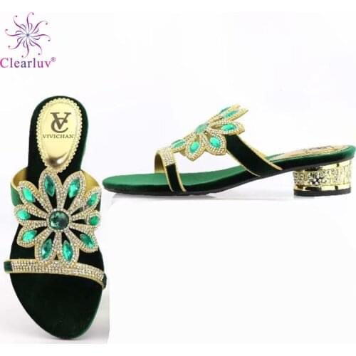Hot Selling In Nigerian Green Shining Crystal Decorated On 7cm Strange Heels African Wedding Shoe Peep Toe Slipper High Quality
