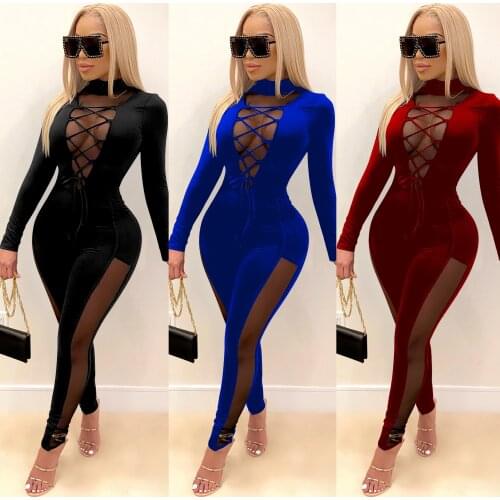 Fashion Deep V perspective banadge rope Tight Sexy solid color Jumpsuit outfits baddie outfits instagram knit two piece sets