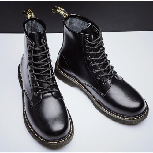 Mens Genuine Leather Fashion Martin Boots British Style Platform Anti-skid Motorcycle Short Boots High-top Solidworks Shoes