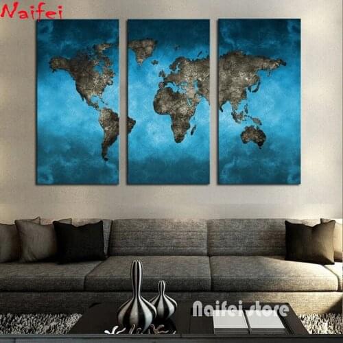 Full Round Drill 5D Diy Square Diamond Painting Blue Abstract World Map 3 Pcs Embroidery Cross Stitch Kit Mosaic Home Decor Gift