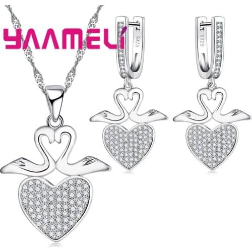 925 Sterling Silver Fashion Jewelry Set Crystal Herat Necklace & Earrings Valentines Day Gift For Woman Surprise