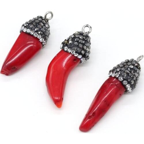 Natural Coral Pendant Pepper Shaped Diamon-Studd Pendants for making DIY Jewelry Necklace Size 12x30-14x35mm