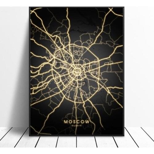 Black And Gold Canvas Poster Picture Wall Art Kazan Moscow Saint Petersburg Russia Map Painting For Living Room Home Decor