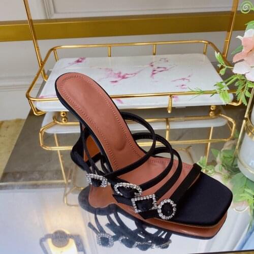 Casual Designer fashion women shoes real leather black satin crystal strappy high heels sandalias de las mujeres mujer 2021