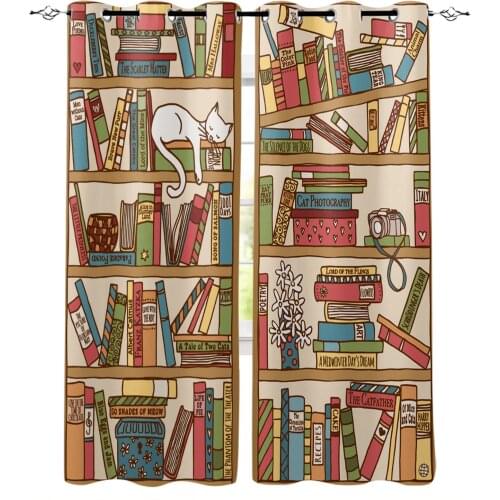Cartoon Bookshelf Sleeping Cat Modern Blackout Curtains For Living Room Bedroom Window Treatment Blinds Drapes Kitchen Curtains