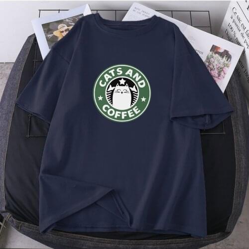 High Quality 2021 Female T Shirt Cats And Coffee Cute Woman T-shirts Summer O-neck Short Sleeve Tops Casual Streetwear Camisetas