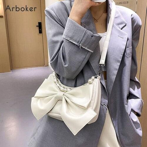 Women Bow Shoulder Bag Girls Fashion Pearl Handbag Mini Crossbody Flap Bags For Female PU Leather White Hobos Bolso Hand Bag