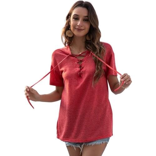 2021 Womens Summer Sexy V-neck Tie with Solid Color Short-sleeved T-shirt Top