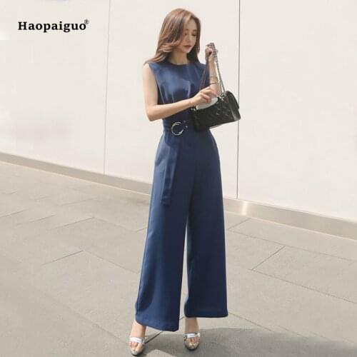 Solid Plus Size Jumpsuits Summer Women Black Blue Sleeveless O-neck Full Length Elegant Office Party Playsuits Work Club Ladies