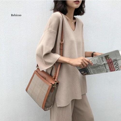 Knitting Sweater Pantsuit Women Two Piece Set Knitted Pullover Suits Long Sleeve V-neck Bandage Top Wide Leg Pants Suit Women