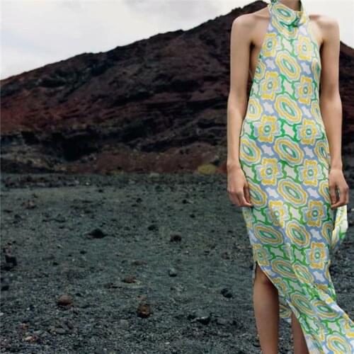 ZA Casual Woman Halter Long Dress 2021 Summer Sleevless Green Floral Print Dresses Women Fashion Backless Beach Midi Dress Robe
