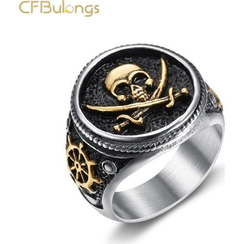 CFBulongs Gothic Double Knife Pirate Signet Skull Ring Golden Stainless Steel Compass Retro Ring Viking Jewelry