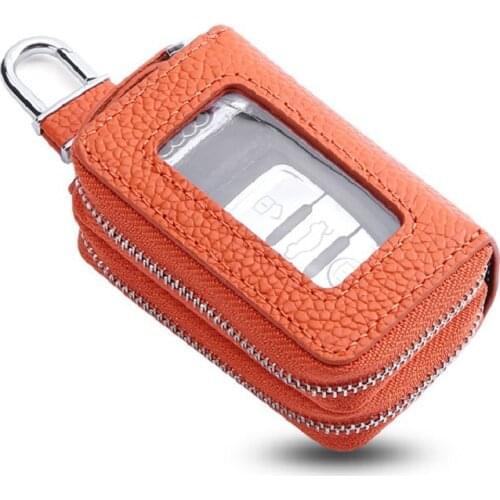 Double Layer Zipper Car Key Case Genuine Leather Multi-functional Cowhide Key Bag Unisex Solid Pillow Keychain Wallet Pouch