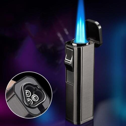 Metal Cigar Butane Lighters Cigar Cutter Windproof Gas Lighters Smoking Three Flame Jet Torch Spray Gun High Temperature 1300 C