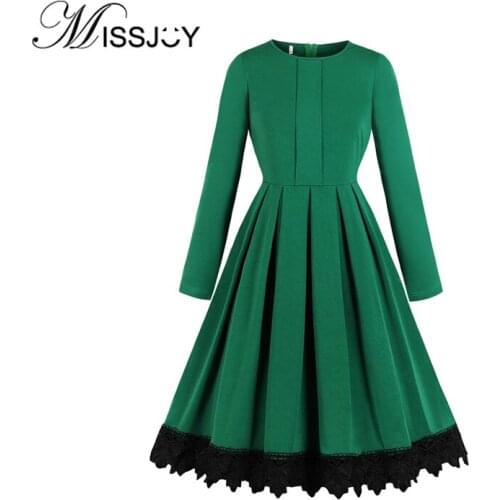 MISSJOY A-Line Women Dresses Vestidos 2019 Autumn Vintage Long Sleeve Patchwork Lace Pleated Elegant Party O-Neck Clothing Плать