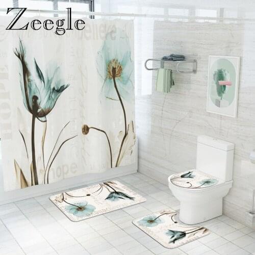 Printed Bath Mat and Shower Curtain Set Non Slip Bathroom Carpet Set Toilet Rugs Set Bath Mat Floor Carpet Bathroom Foot Mat