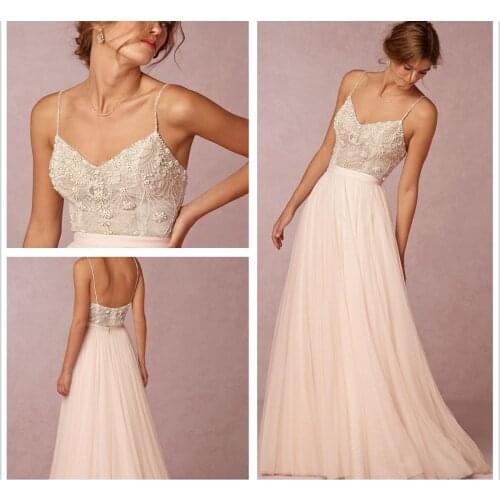 2021 Sexy New Spaghetti Straps Tulle A Line Wedding Dresses Beaded Stone Top Summer Beach Bridal robe de soirée de mariage