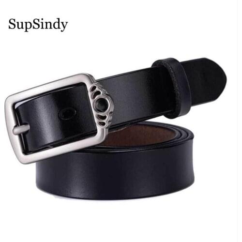 SupSindy hot women genuine leather belt Cowskin Punk luxury brand designer belts for women jeans high quality female belt Black