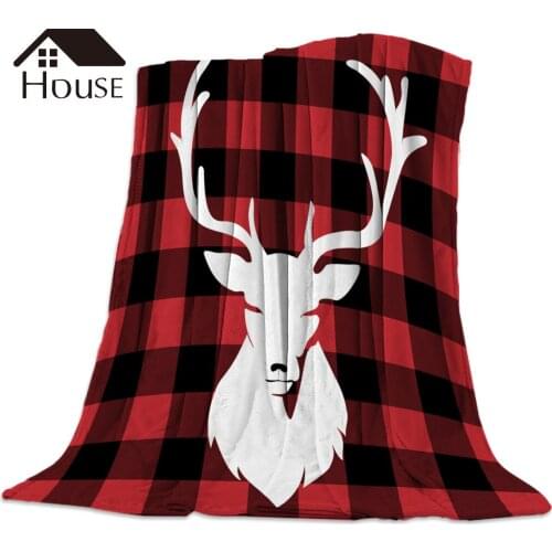 Christmas Red and Black Plaid Elk Style Printed Throw Blanket Christmas Blankets Warm Sofa Bedclothes Customized