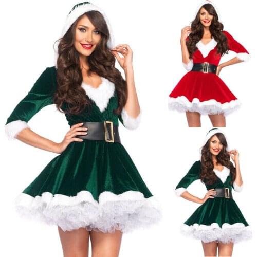 Popular Ladies Chrismas Xmas Fancy Dress Fashion Women V Neck Half Sleeve Mini Dress Santa Claus Costume Outfit Waistbelt Dress