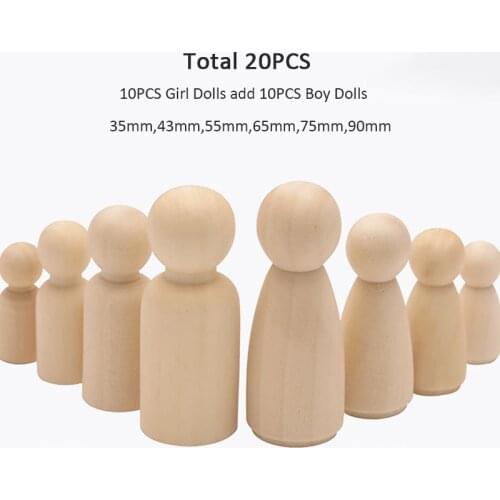 20PCS/Lot 90mm,75mm-35mm Natural Wooden Peg Dolls Women and Men Unpainted Wood Blanks For DIY Nursery Decoration Peg Dolls