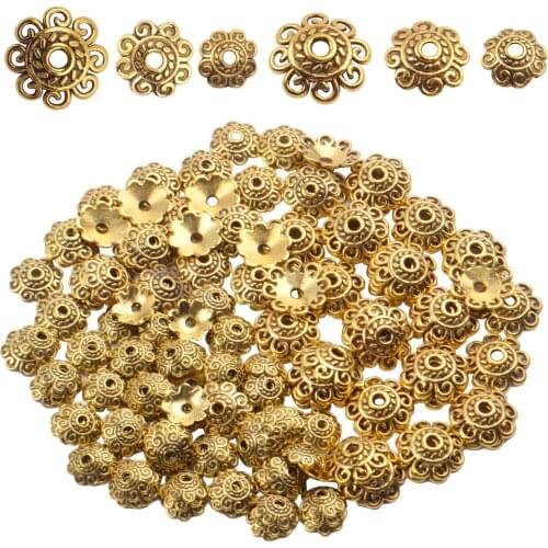 200pcs 8mm/10mm/12mm Spacer Bead Caps Flower Bead Cap Jewelry Supplies Accessories for DIY Craft Necklace Bracelet, Antique Gold