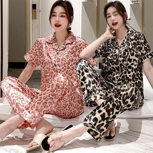 2021 Summer Silk Satin Sexy Leopard Pajama Sets for Women Short Sleeve Long Pants Sleepwear Pyjama Homewear Pijama Mujer Clothes