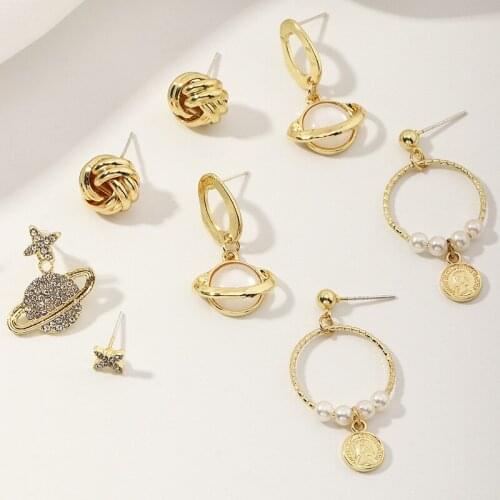 2021 New Kawaii Gold Color Geometric Earrings Zircon Crystal Pearl Star Planet Stud Earring Korean Fashion Jewelry for Women