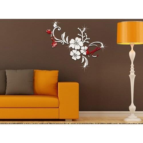 JM072 3D stereo acrylic mirror wall stickers TV background wall decoration stereo DIY flower and rattan stickers