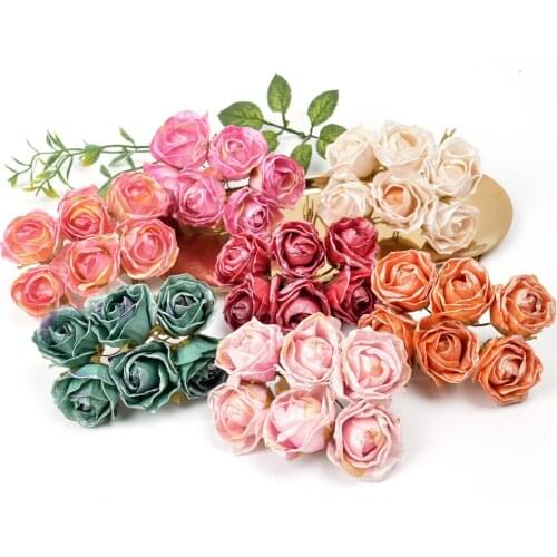6pcs 4cm Artificial Flower Silk Bright Pink Rose Bouquet For Wedding Home Christmas Decoration DIY Wreath Scrapbook Gift Box