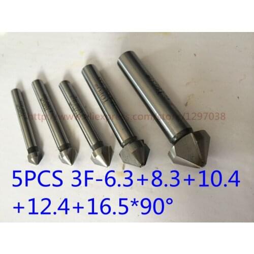 Free shipping 5pcs 5PCS 6.3+8.3+10.4 +12.4+16.5mm 90 degree 3 Flute HSS chamfer cutter