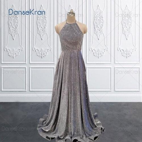 Halter Shiny Prom Dresses 2021 Sparkle Long Evening Dress With Pockets Zipper Up Back Floor Length A-line Maxi Dress For Party