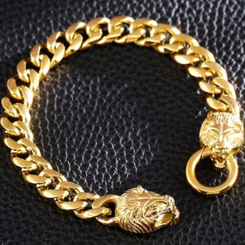 Lion Head Braslet Men Solid Stainless Steel Armband For Men 10MM Wide Curb Chain Mens Bracelets Birthday Gfts For Boyfriend Him