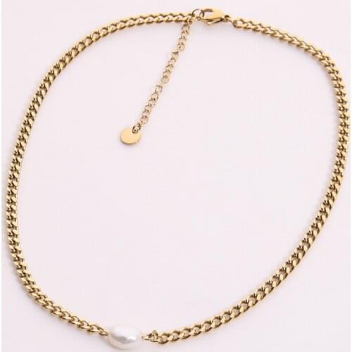 316L Stainless Steel Gold Plated Link Chain Pearl Choker Necklace Cuban Curb Link Necklace For Women Gril Trendy Jewelry Gift