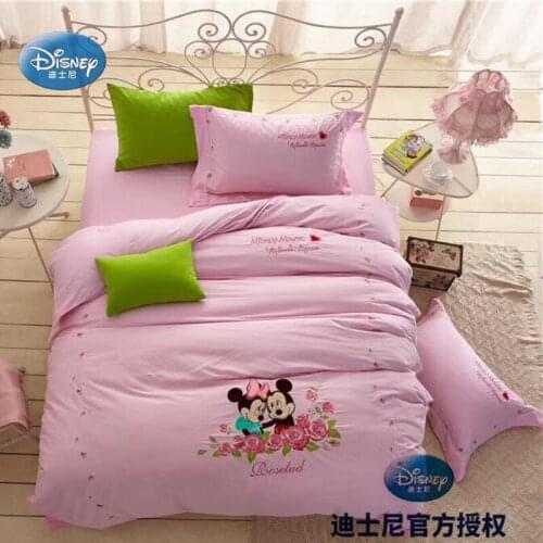 Home Textile Disney Light Pink Girls Bedroom Decor with Mickey Minnie Pattern Duvet Quilt Cover Pillowcase Cartoon Bedding Set