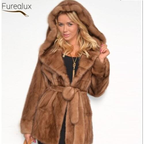 FUREALUX Real Mink Fur With Hood Thickened Warmth Natural Mink Fur Winter Casual Woman Jacket Fashion Light Luxury Popular