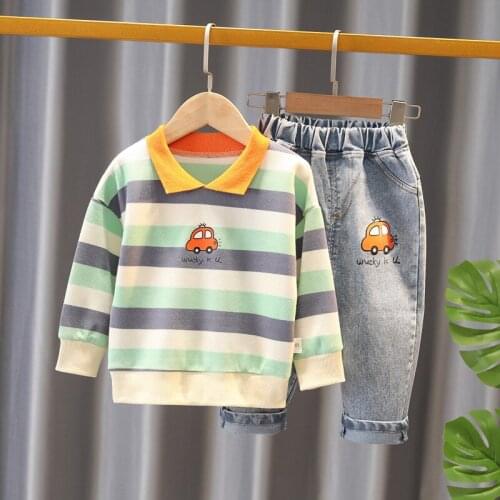 Spring Autumn Children Clothes Baby Boys Girls Cartoon Car Lapel T Shirt Jeans 2Pcs/sets Kids Infant Clothing Toddler Tracksuit
