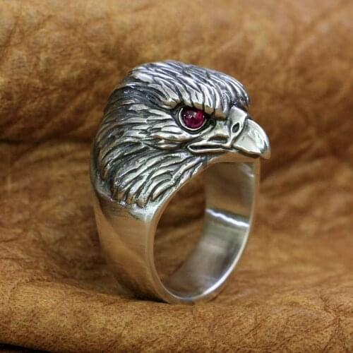 925 Sterling Silver Eagle Ring Man Made Pigeon Blood Red Eyes Mens Biker Ring TA251