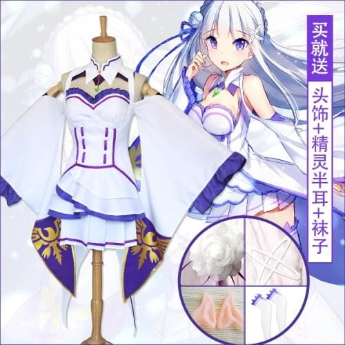 Re Zero Kara Hajimeru Isekai Seikatsu Emilia Cosplay Costumes Women Dress Cloak Wig with Headdress For Halloween Party Free Ship