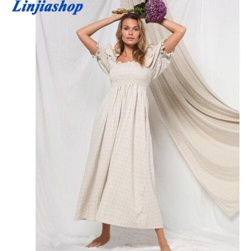 Summer Dress Fashion Party Puff Sleeve Off Shoulder Woman Elastic Back Casual Elegant Plaid Sundress