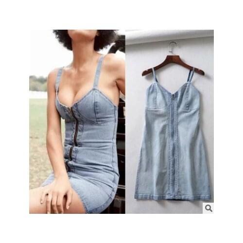 Summer women fashion slim vintage water wash zipper open casual denim dress