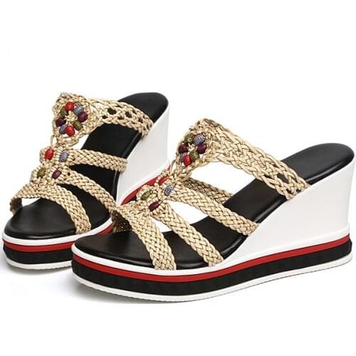 KNCOKAR2018Summer new fashionable han version of the slope and cool slippers lady fish mouth small white thick bottom half of th